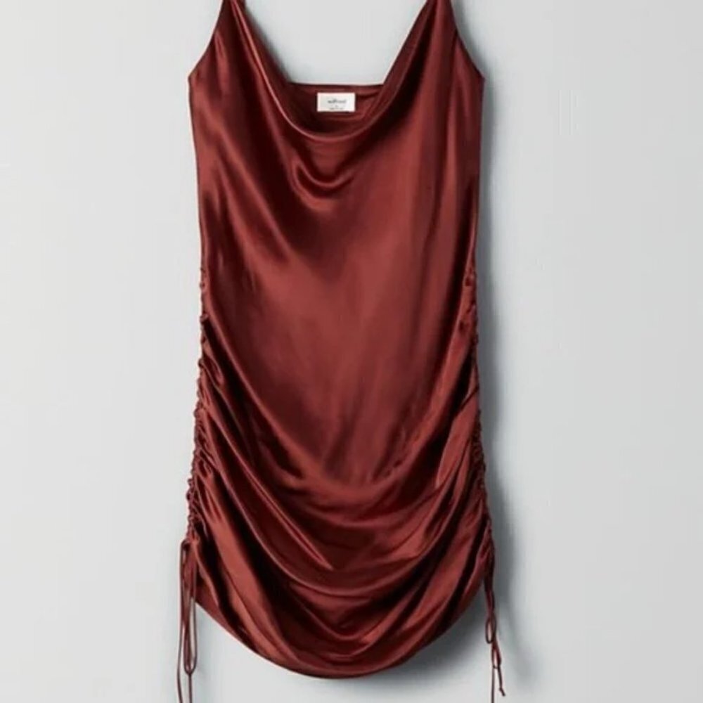 Aritzia Wilfred Only Ruched Slip Satin Dress Burgundy Maroon Red Size XS